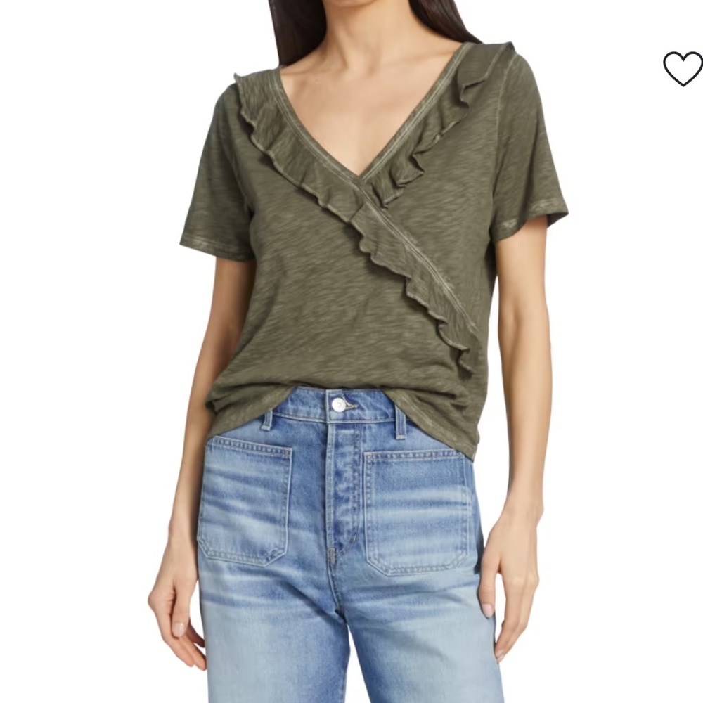 Veronica Beard Jeans Dubois Ruffled Pima Cotton T-Shirt Light Army size S $158